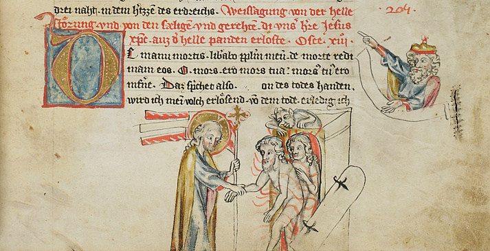 Evangelienwerk, The episode of the descent of Christ to Limbo is illustrated by the release of Eve and Adam.